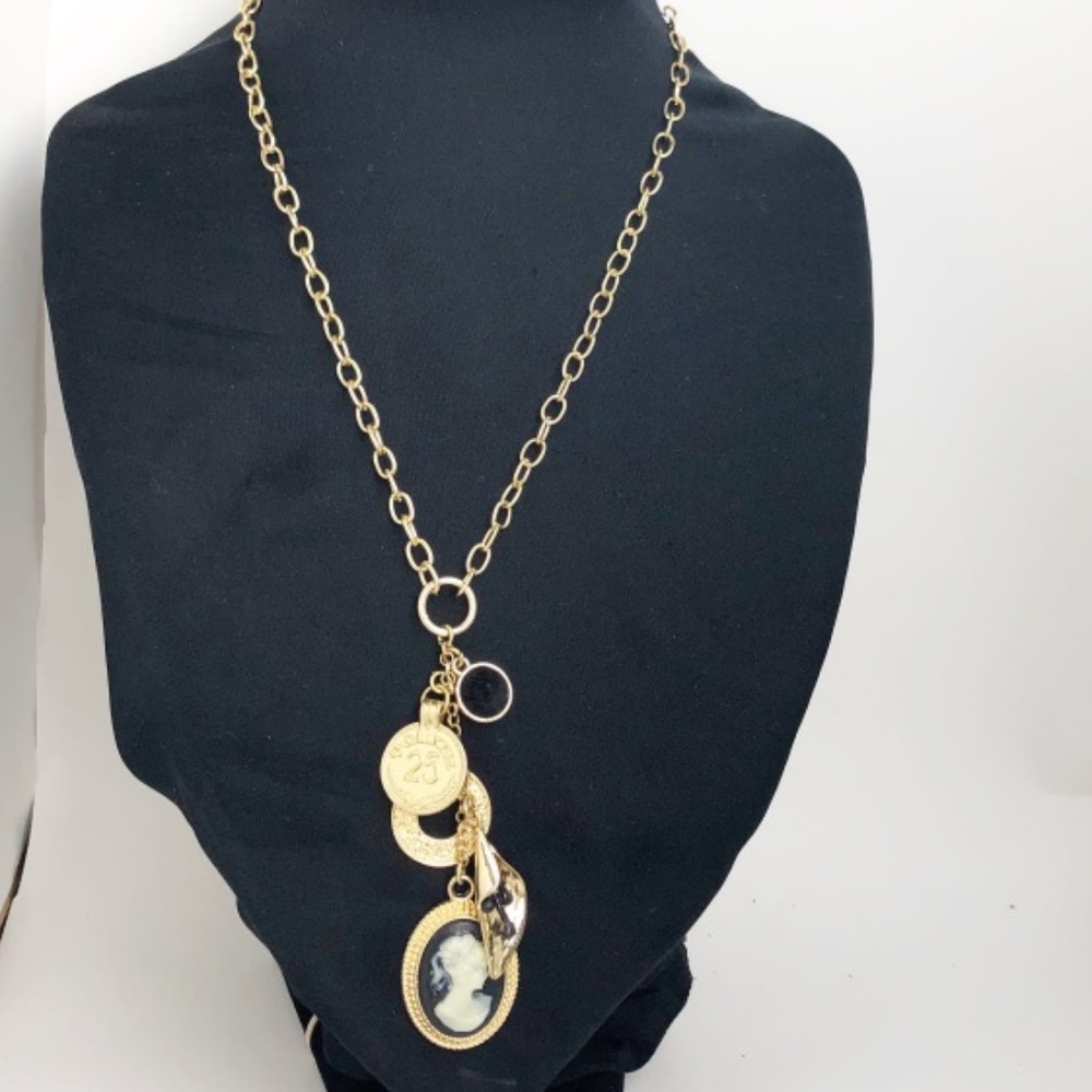 INC Gold Tone Chain Cameo Charm Drop Necklace NWOT